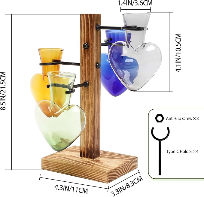 Plant Terrarium Propagation Stations with Wooden Stand | Glass Vase for Indoor Hydroponics Home Garden Office Decoration Gift for Women - 4 Love Bulb Vase