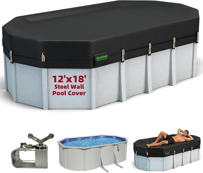 QH.HOME 550D 12x18 FT Oval Pool Cover [Upgraded Tear Resistant & Threefold Windproof] wth Pre-Installed Winch and Rope,Pool Covers for Above Ground Pools Oval-Snug Fit & Waterproof Protection