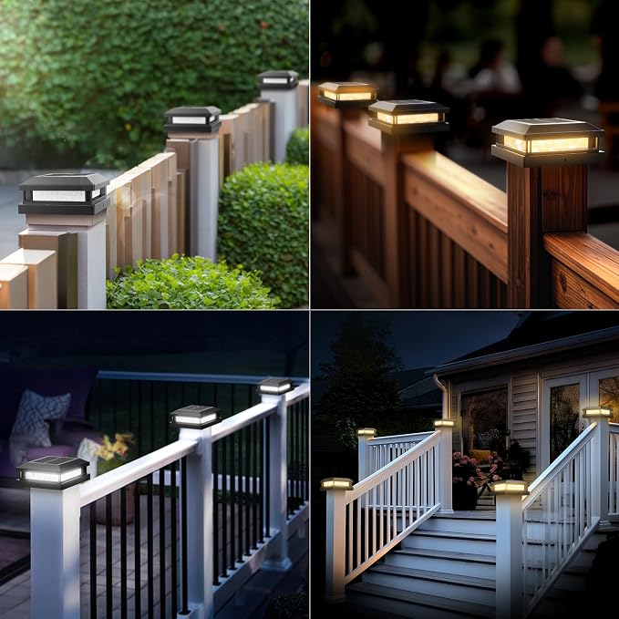 Solar Post Cap Lights Outdoor 16 Packs for 4x4 5x5 Vinyl/Wooden Posts, Waterproof Solar Powered Fence Cap Light with Warm/Cool Lighting, Black 16LEDs Deck Caps Lights for Yard, Garden, Patio