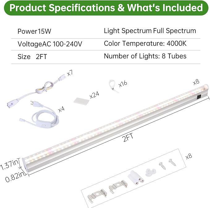 T5 Grow Lights, 2FT 120W (8×15W, 1000W Equivalent), Full Spectrum Grow Lights for Indoor Plants, 4000K, Plug and Play, Easy to Install, for Greenhouse & Plant Shelves (8 Pack)