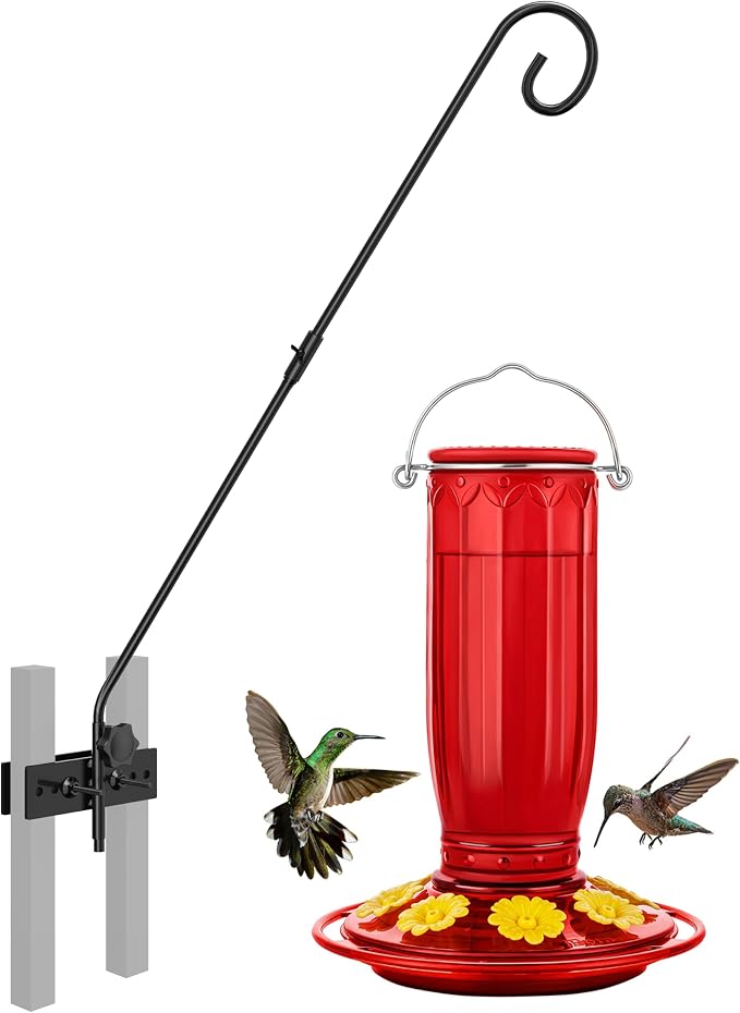 iBorn 16oz Glass Hummingbird Feeders for Outdoors Hanging with Ant Moat&28 Inch Fence Deck Hook Rail Heavy Duty Hummingbird Feeder Hanger,Solid Wire, 180 Degree Rotary, 1 Pack