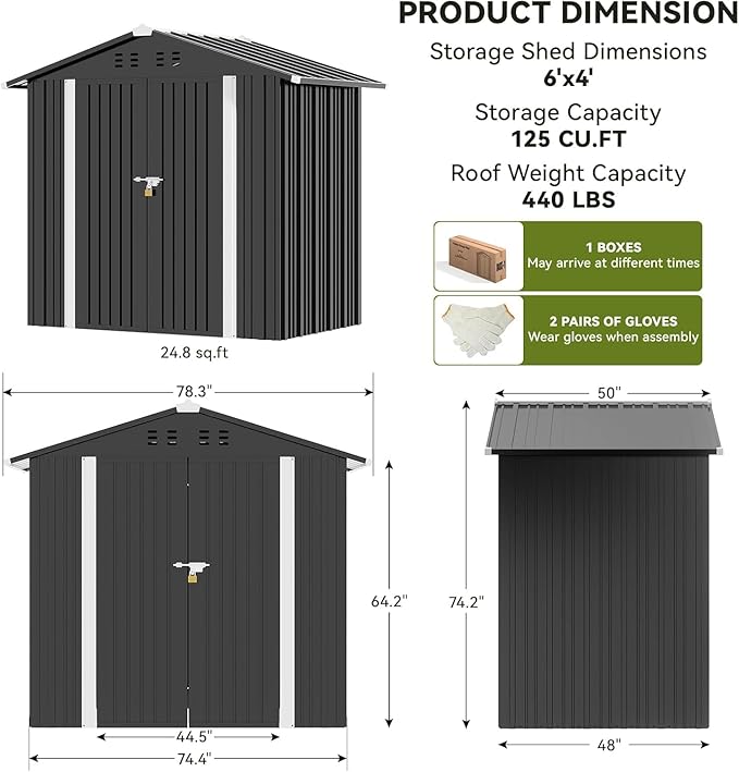 COMHOMA Shed Outdoor Storage Shed Metal,Lockable Doors Tool Sheds with Sloping Roof,Steel Garden Shed with Air Vent for Backyard,Patio,Lawn,Poolside (Grey, 6'x4')