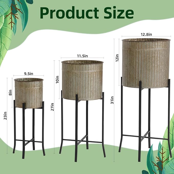 MorningRo Set of 3 Standing Planters 12.8'' 11.5'' 9.5'' Corrugated Galvanized Planters Farmhouse Rustic Plant Stand Metal Flower Pot for Indoor Outdoor Plants Garden Patio Porch Balcony