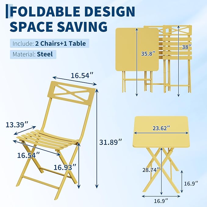 GarveeTech 3-Piece Folding Bistro Set, Heavy Duty Outdoor Patio Furniture with 2 Chairs & 1 Table, Weather-Resistant Steel Frame, No Assembly Required for Garden, Yard, Balcony,Yellow