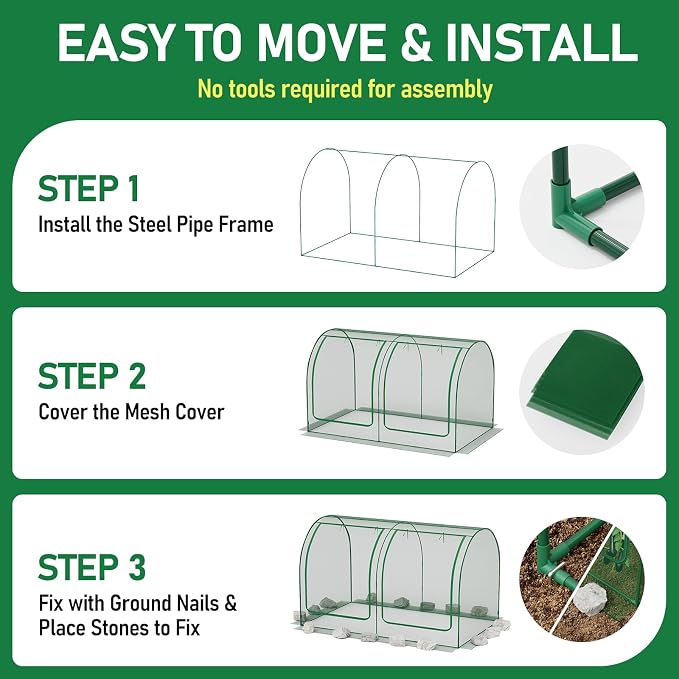 SPECILITE 122x72x72in Garden Plant Netting Mesh Cover for Raised Bed with Roll-up Zipper Door for Vegetables Fruits, Large Tunnel Gardening Net, Green
