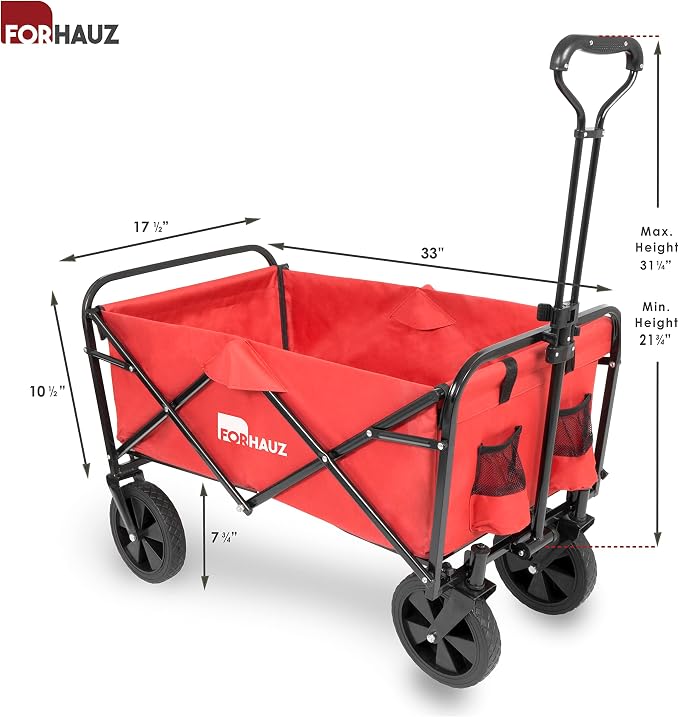 ForHauz Folding Collapsible Heavy Duty Wagon Cart with All-Terrain Wheels for Outdoor Utility, Beach and Garden, Red