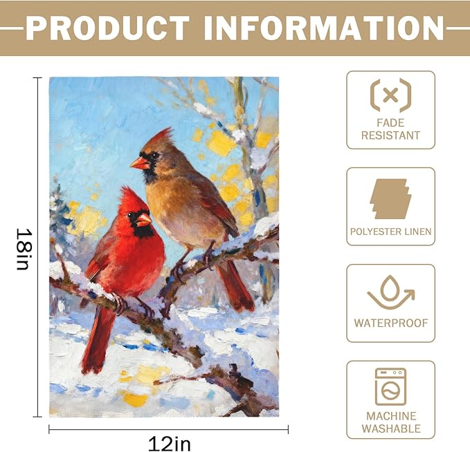 Winter Cardinal Garden Flag 12x18 Inch Snow Scene Bird Twigs Christmas Holiday Decorative Yard Flags for Outside Double Sided Seasonal Outdoor Home Farmhouse Decoration Porch January Decor