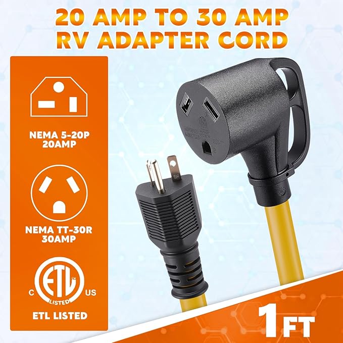 Kanayu 20 Amp to 30 Amp RV Generator Adapter Cord Compatible with NEMA 5-20P to TT-30R 20 Amp 3 Prong Generator to 30 Amp 3 Prong RV Power Adapter with Handle, STW 12 AWG/3C, 12 Inch ETL Listed