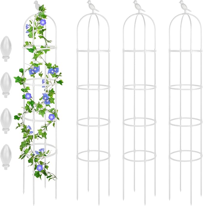 Sadnyy 4 Pack 6 ft Garden Obelisk Trellis for Climbing Plants Outdoor- Heavy Duty Rustproof Metal Pipe with Plastic Coated Plant Trellis for Clematis Grape Pea Vines Tomatoes Cucumbers Flowers(White)
