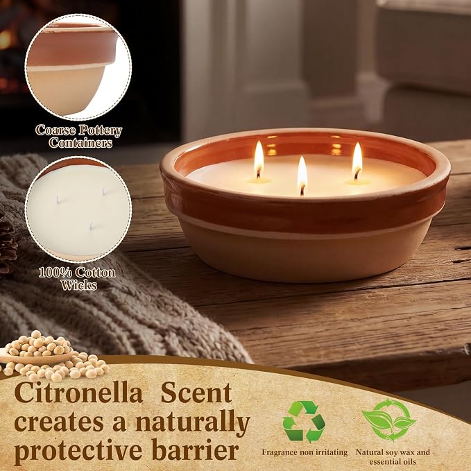 Conelist 4 Pcs Citronella Candles Outdoor in Coarse Pottery Container 5.6 oz 3 Wick Citronella Soy Wax Jar Candles with 5% Natural Oil 120 Hours Burn Time for Patio Backyard Deck Summer Nights