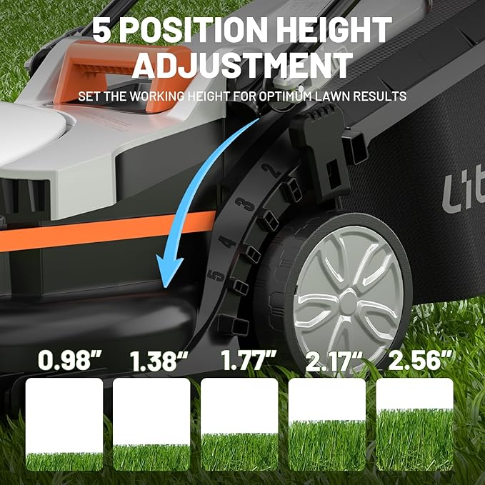 Litheli 13.4inch Electric Lawn Mower Cordless,Grass Cutter Machine for 2600 Sq.Ft. Lawnmower, 8 Gallon Capacity, Cutting Height from 1 to 2.5 in, Includes 2X4.0 Ah Battery.