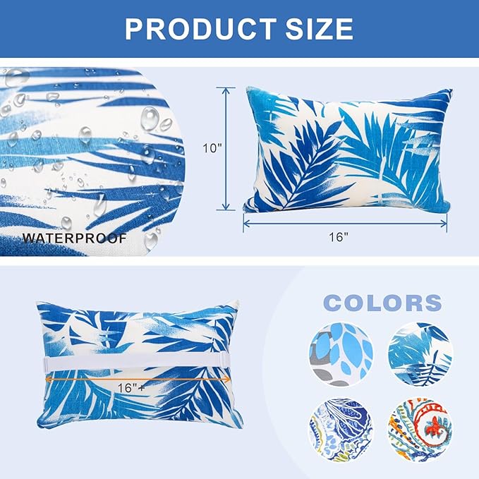 JMGBird Waterproof Chaise Lounge Pillows Set of 4-10x16 Inch White Blue Palm Leaf Outdoor Headrest Cushions with Adjustable Straps for Pool Patio Beach Chair