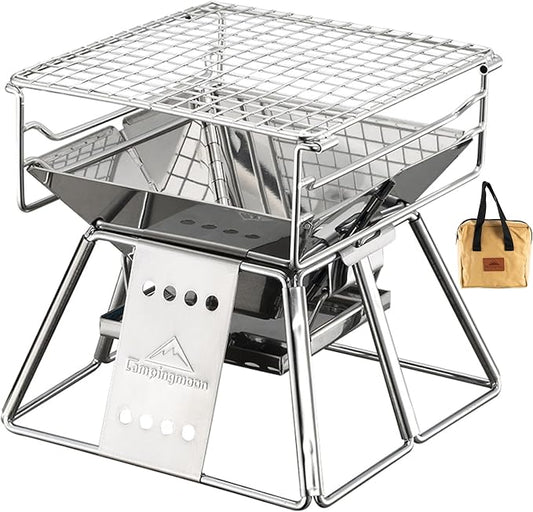 CAMPINGMOON X-MINI Small Size Portable Fire Pit, Mini Stainless Steel Tabletop Fire Pit Charcoal Grills for Camping, Solo Outdoor Cooking, Hiking BBQ Backpacking, with Carry Bag 7.5 inch