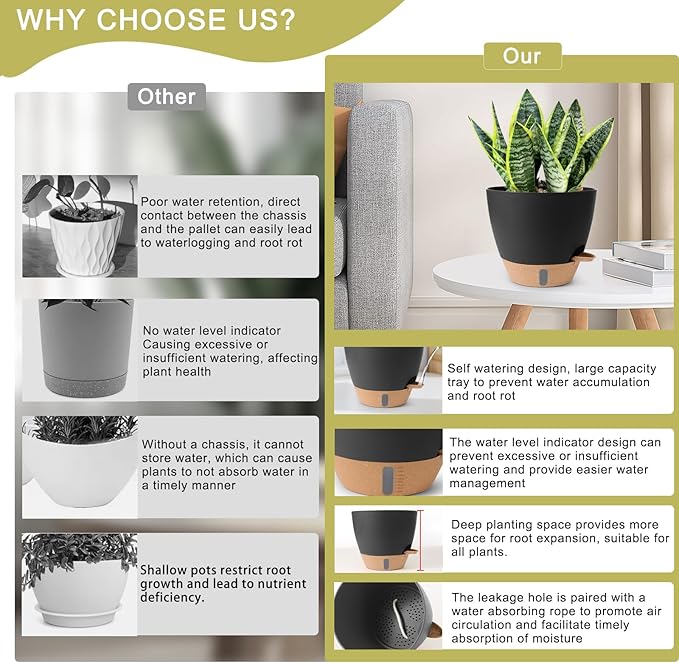 Self Watering Pots for Indoor Plants, 3 Pack 12/10/8 Inch, Large Planter with Water Reservoir, Modern Decorative Flower Pots for Home & Office Black