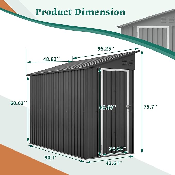 YOPTO 4×8 FT Lean to Metal Shed,Outdoor Heavy-Duty Storage Shed with Floor Base,All Weather Waterproof Garden Tool House W/Lockable Door&2 Air Vent,Reversible Door Design,for Backyard,Patio,Lawn,Black