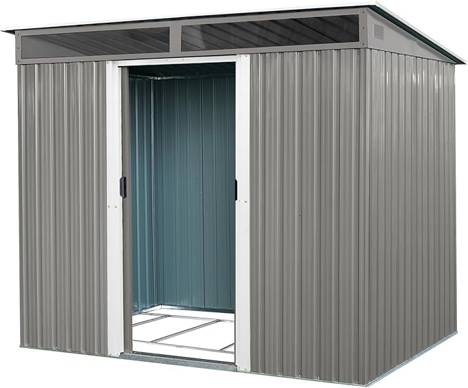 8x6 FT Outdoor Metal Storage Shed, Galvanized Steel Garden Shed, Foundation Frame, Ventilated Tool Storage House, Sloped Roof, Weather Resistant Backyard Shed for Lawn Equipment, Gray