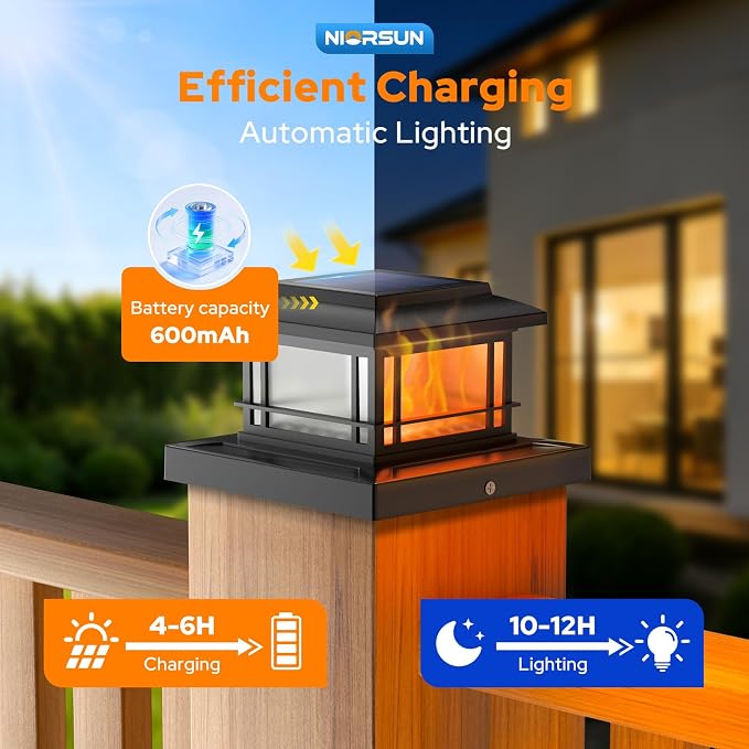 NIORSUN Solar Post Lights Outdoor, Fence Post Solar Lights with Flickering Flame Light & 3 Color Temps, Waterproof, Garden Patio Fence Deck Decor, 4x4 Posts Caps, 4x4, 5x5 Wooden & Vinyl (6Pack,Black)