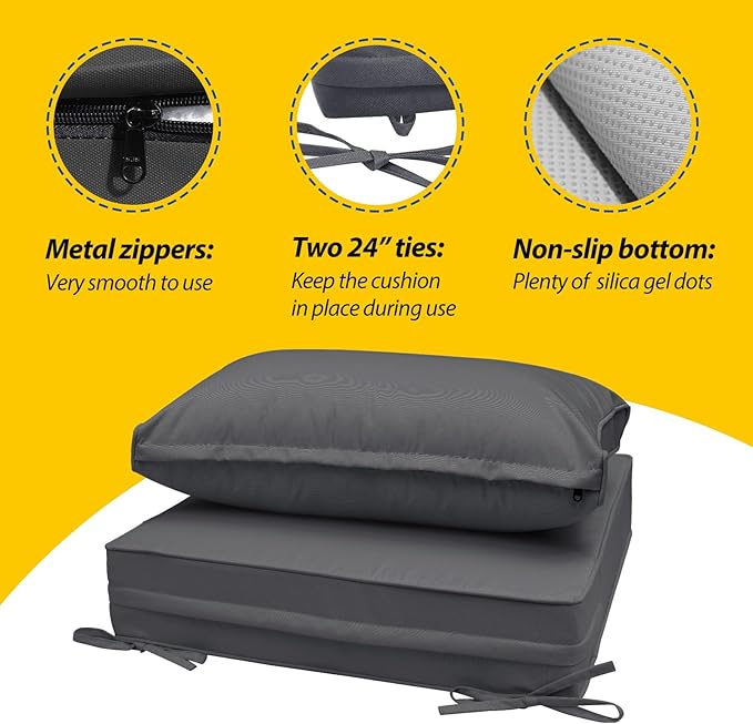 AAAAAcessories Outdoor Seat Cushions for Chairs, Fade-Resistant, Waterproof Patio Furniture Replacement Cushions, 24" x 24" x 5" + 24" x 13.5", Dark Gray