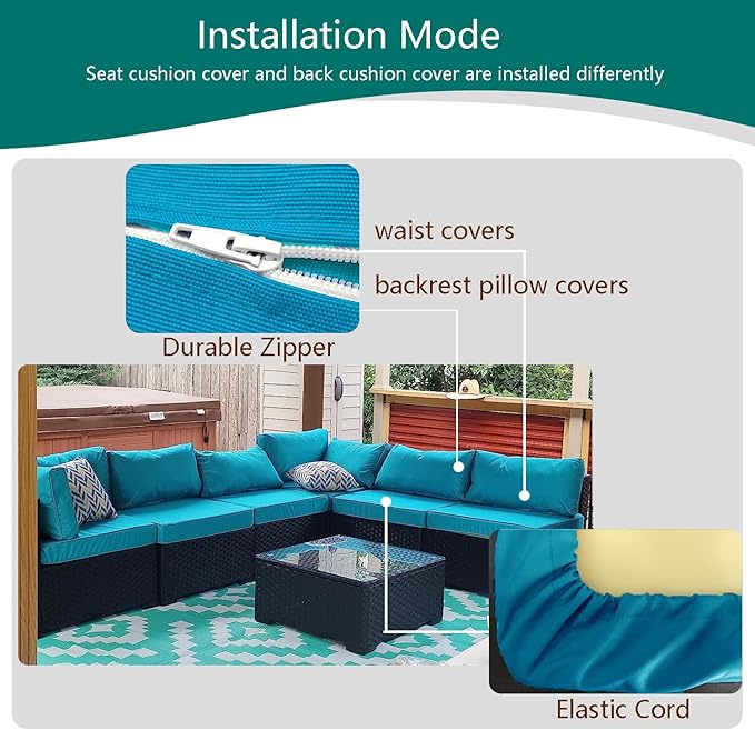 Outdoor Cushion Covers Replacement 14 Pcs Patio Cushion Covers fit for 7Pieces 6-Seater Wicker Rattan Sectional Couch Sofa Outdoor Cushion Slipcovers Set Seat and Back Cover Only, Teal