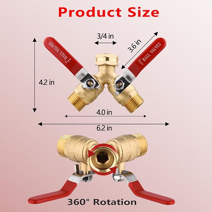 Solid Brass Garden Hose Splitter 2 Way Heavy Duty, Full Flow Y Valve Hose Splitter With Long Handle, 3/4" GHT Thread