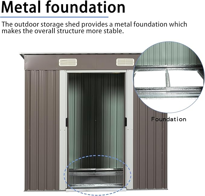 6FT x 4FT Heavy Duty Outdoor Metal Storage Shed, Galvanized Steel Garden Shed with Sliding Lockable Doors, Punched Vents & Foundation Kit, Weather Resistant Backyard Tool Storage House, Grey