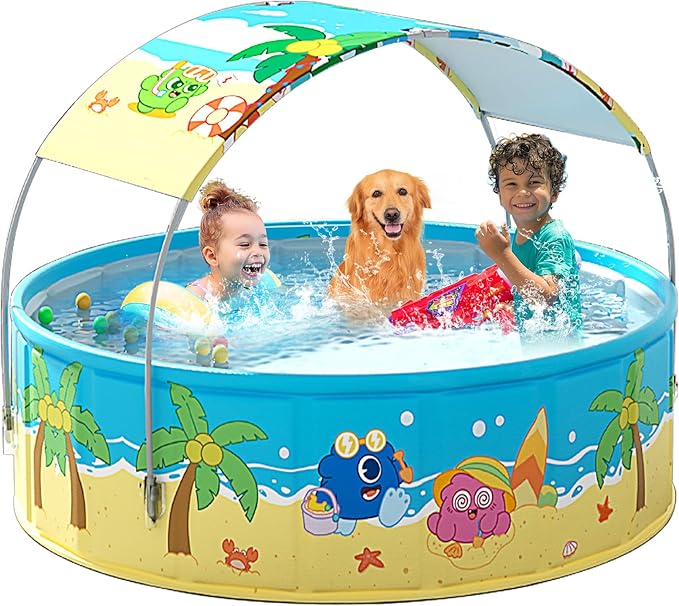 Foldable Swimming Pool with Canopy for Kids 62.9"x17.7" Hard Plastic Portable Dog Pool Anti-Slip Collapsible Pets Bathtub Kiddie Pool Indoor Outdoor Backyard (JellieMons 63'')