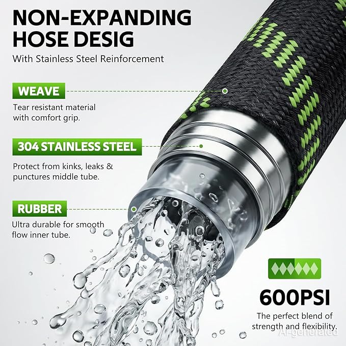 NON-EXPANDABLE Garden Hose 100 FT, Heavy Duty Steel Metal Flexible Water Hose with 10-Function Spray Nozzle, Durable Fabric Skin, No Kinks & Leak-Proof with Upgraded Handle