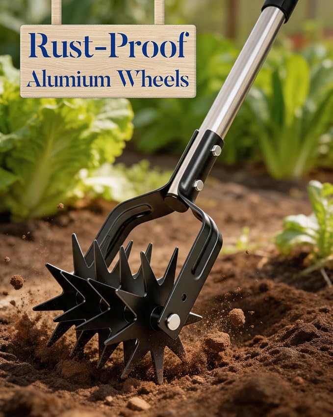 Joyhalo Rotary Cultivator Garden Tool, Manual Hand Tiller with 57in Adjustable Stainless Steel Pole and Parallel-Blades Tines for Reseeding Grass, Soil Aeration, and Small Garden Beds