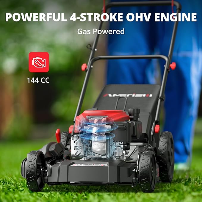 AMERISUN 21" Push Gas Lawn Mower, 3-in-1 Gas Lawnmower, 144cc 4-Stroke OHV Engine, 6 Height Adjustment, 1.4 Bushel Grass Catcher with Bagging, Mulching & Side Discharge Efficient Steel Deck