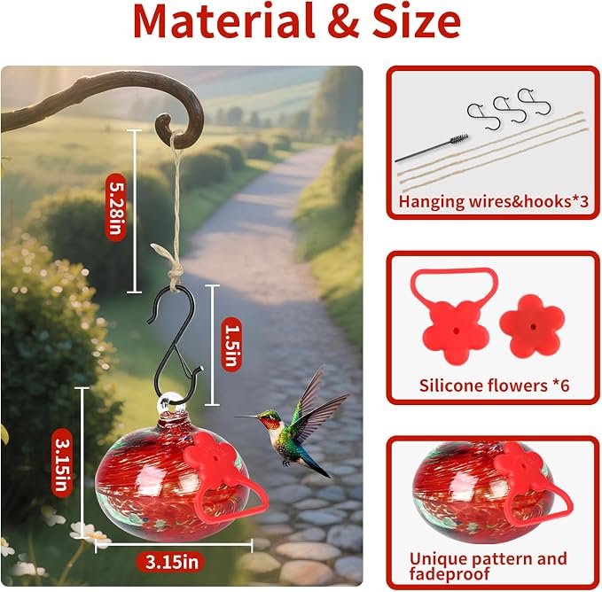 Pozfun Set of 3 Hummingbird Feeders for Outdoors Hanging,Hand-Blown Glass Hummingbird Feeder with Silicone Feeding Perch,Never Leak,Gardening Gifts for Woman Man(Red)