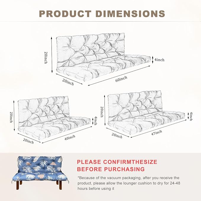 Porch Swing Cushion with Backrest,Waterproof Bench Cushion for Outdoor Furniture,2-3 Seater Replacement Thickened Swing Cushion with Ties,Patio,Outdoor,Backyard and Garden (Tropical Leaf,47x40")