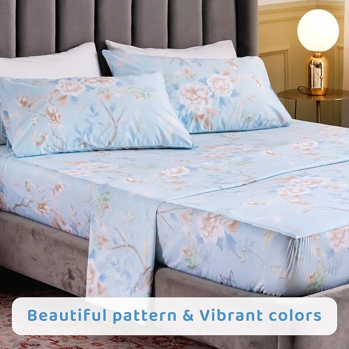 QSH Floral Bed Sheets Set King Size - Luxury Bird Buttefly Print Bed Sheet Set - 100% Egyptian Cotton Extra Soft and Breathable - 4 pcs Deep Pockets - Flower Bed Sheets