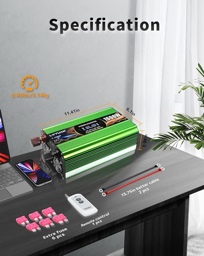 1600 Watt Pure Sine Wave Inverter, DC 12V to 120V AC Power Inverter for Vehicle, RV, Truck, Off-Grid, Car Power Inverter with 4 AC Outlet, 5V/3.1A USB, Remote Control, Surge 3000W