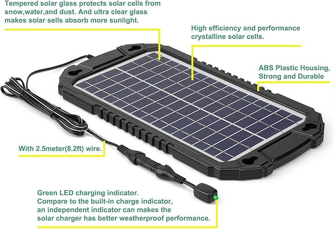 Sunway Solar Car Battery Trickle Charger & Maintainer 8W 12V Waterproof Solar Panel Power Charging Kit for Car Automotive RV Marine Boat Motorcycle Truck Trailer Tractor Powersports Snowmobile