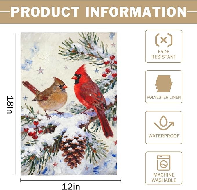 Winter Cardinal Garden Flag 12x18 Inch Pinecone Twigs Holly Berry Christmas Holiday Decorative Yard Flags for Outside Double Sided Seasonal Outdoor Home Farmhouse Decoration Porch January Decor
