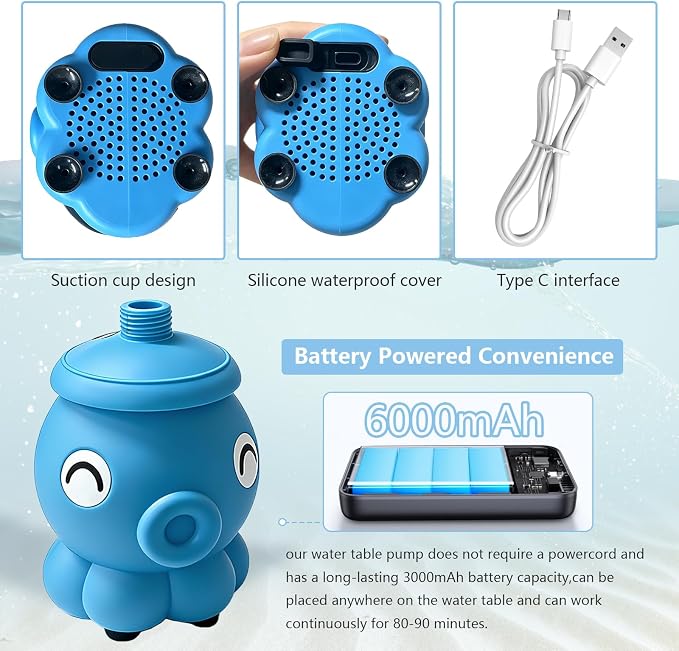 Rechargeable Water Table Pump with Huge Water Output,Water Flow Rate up to 8L/min (2.11 GPM),Kids Sand Water Play Pump,Octopus-Shaped Design,Suitable for Most Water Table on the Market