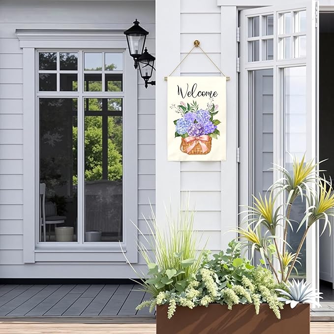 Hydrangea Welcome Garden Flag Large 28x40 Inch Spring Summer Watercolor Floral Outdoor House Banners Blue Purple Hydrangeas Basket Flowers Porch Yard Flags for Outside Seasonal Home Decor