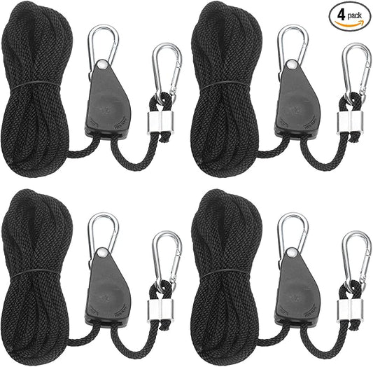 uxcell 4 Pairs 1/4" Adjustable Rope Hanger, 16.4ft(5 Meter) Heavy Duty Ratchet Tie Down Strap with Rope Clip Hanger for Hanging Plants, Grow Light and Various Tie-Down Uses, Black