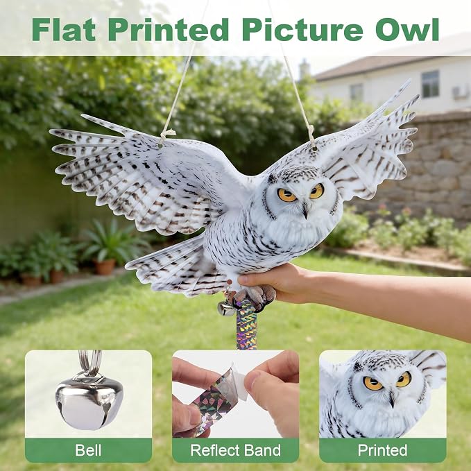 Hanging Owl Device for Outdoor Garden, 5 PCS Flat Reflective Owl with Tape and Bell to Keep Woodpecker Pigeon Away from Patio Yard Balcony Window, Weatherproof Animal Scare Decor