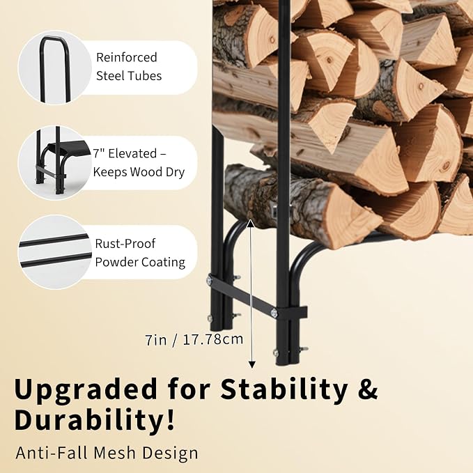 Garvee Heavy Duty 4 ft Firewood Rack Outdoor with Cover Large Steel Log Holder for Patio/Backyard, Weatherproof Wood Storage with Ventilated Design, Easy Assembly No Tools Needed (4 ft)