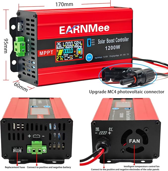 30A Boost MPPT Solar Charge Controller 72V/60V/48V, 1200W Solar Controller with LCD,Output Max 15A for LiFePO4/Lithium/Lead Acid Battery for RV/Solar System/Golf Cart,Smart Cooling & Full Protection