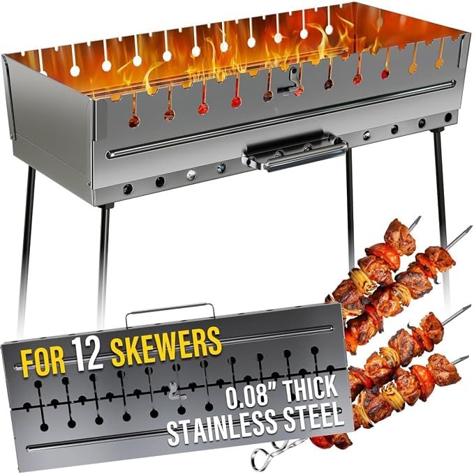 Stainless Steel Charcoal Grill, Portable Foldable Kabob Mangal, Heavy-Duty Rustproof BBQ, 24.80x9.45x25.2 Inch, for Outdoor Use, 12 Skewer Capacity