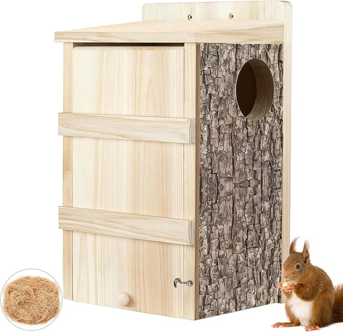 Squirrel Houses for Outside Wooden Bird House Large Squirrel Nesting Box with Natural Coconut Fiber for Squirrels Chipmunks Wildlife