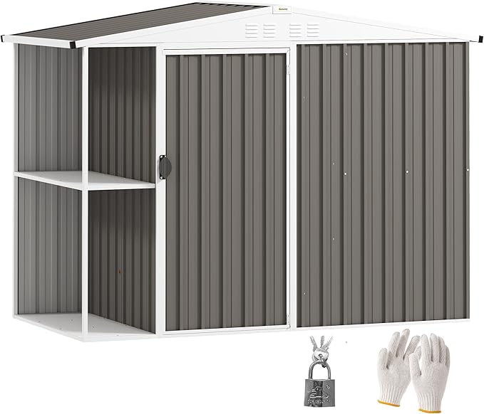 Outsunny 8 x 4ft Outdoor Storage Shed with Lock, 2-Tier Storage Rack, Air Vents, Garden Tool Shed for Backyard, Patio, Lawn, Warm Gray
