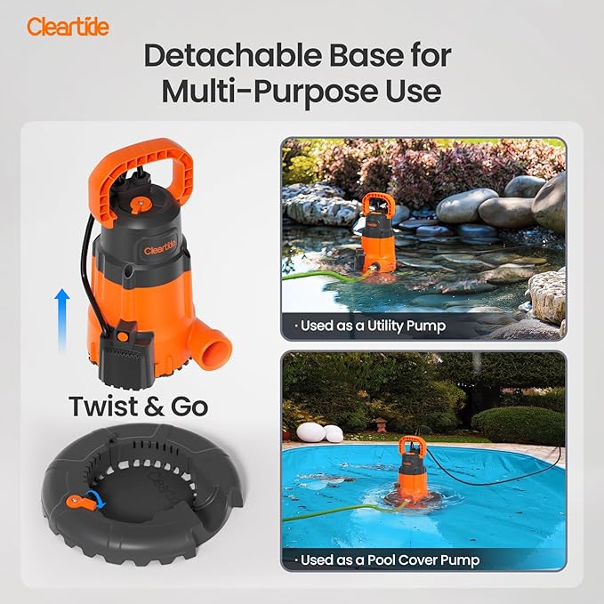 Cleartide Smart Automatic Pool Cover Pump, 1/4 HP 2160 GPH with Auto On/Off & Freeze Protection, Pump for Inground/Above Ground Winter Pool Covers, Dual Mode, 25ft Cord, 120V AC