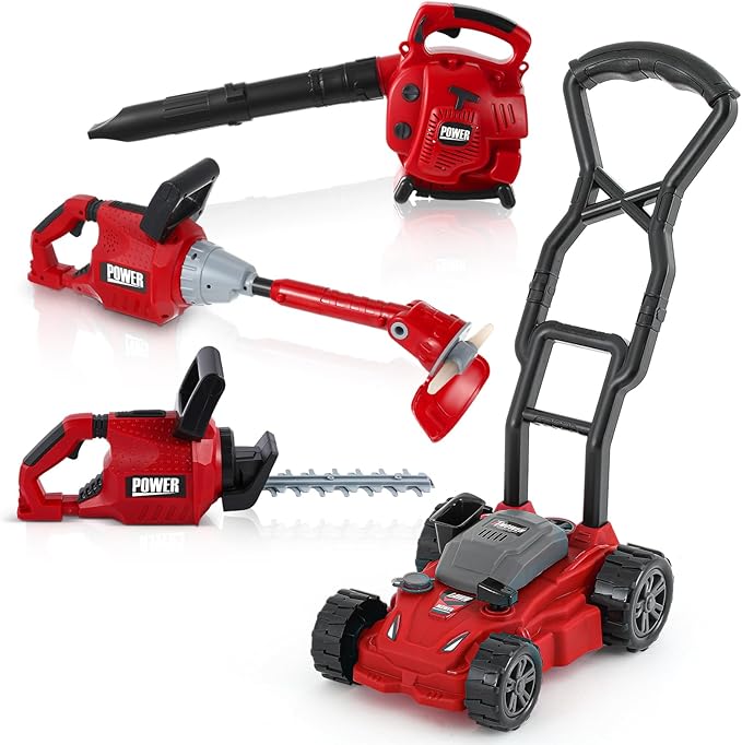 Arrowbash 4 Pcs Toy Gardening Tool Set for Kids Toy Leaf Blower Weed Trimmer Hedge Trimmer Push Lawn Mower Battery Play Set Christmas Birthday Party Gift for Boys Girls