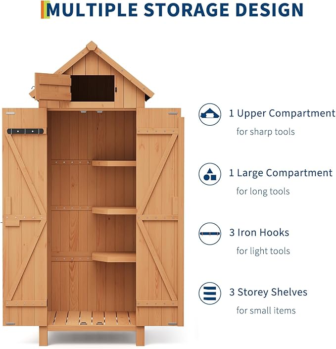 Outdoor Wooden Storage Wardrobe – Waterproof, Lockable Doors, 3 Adjustable Shelves, Multi-Wall Garden Organizer for Patio, Balcony – 177×72×54cm