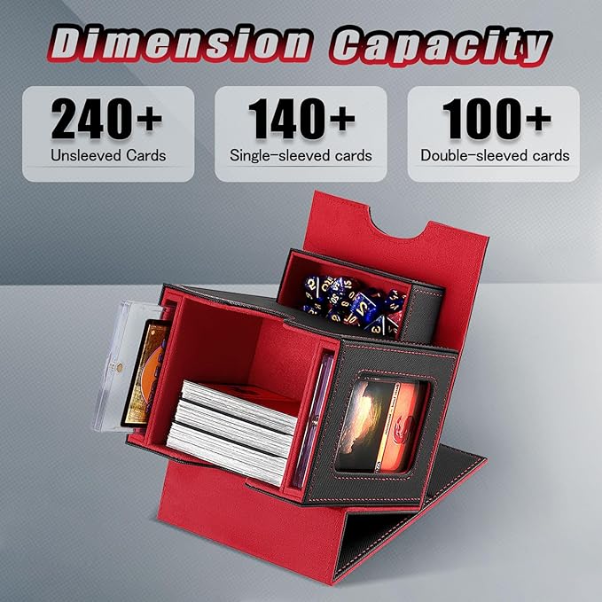Card Deck Box for MTG with Commander Display Fits 100 Double-Sleeved Cards, Deck Case for EDH/TCG/Sports Cards with 2 Magnetic Card Holders (Black Red)