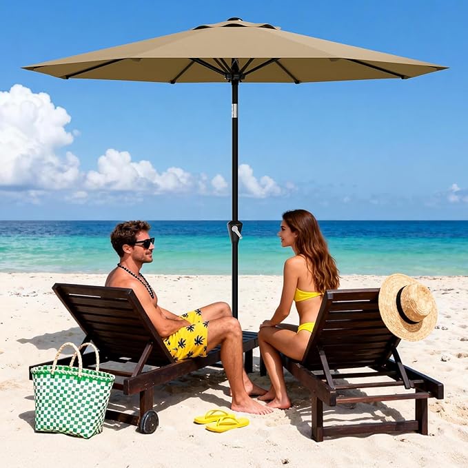 GarveeLife 10FT Umbrella Outdoor Patio, Table Umbrella with Push Button Tilt and Crank, 8 Sturdy Ribs Waterproof UV Protection for Garden, Pool, Deck, Backyard, Market (Khaki)