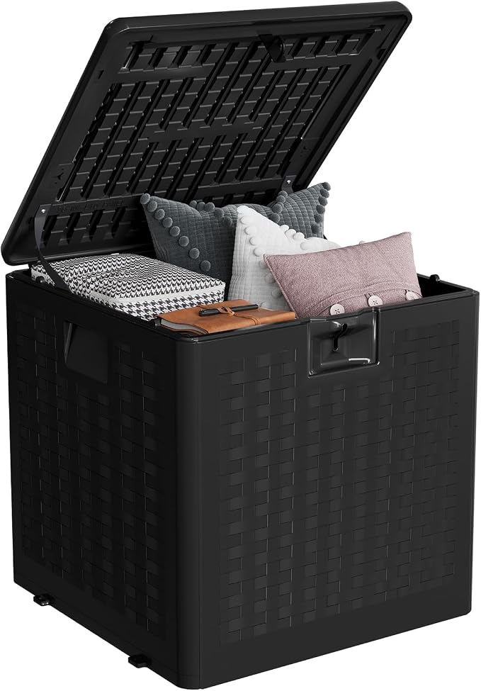 28 Gallon Outdoor Storage Box, Large Resin Deck Box with Lockable Lid & UV Resistant, All-Weather Deck Box for Patio Furniture, Pool Accessories, Gardening Tools, Black